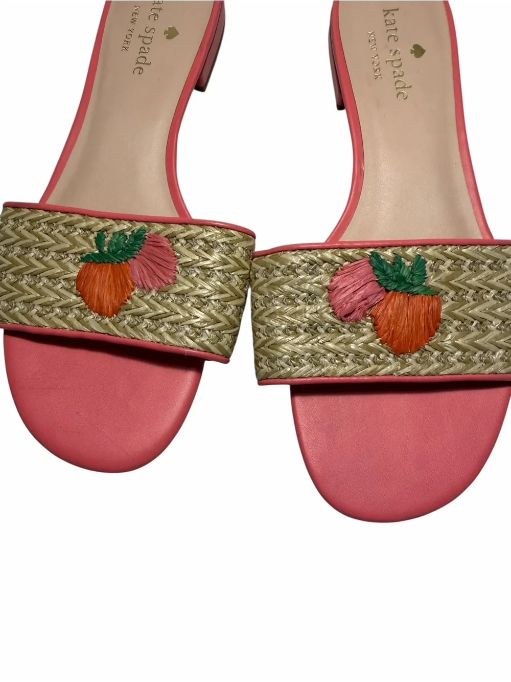 kate spade Finfetti Woven  Strawberry Pink Straw Slide Sandals Sz 7B
